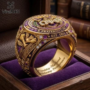 Omega Psi Phi 1911 EST Fraternity Ring featuring purple enamel, gold plating, inset stones, and cardinal principles engraving.