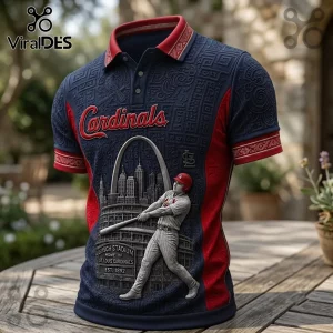 St. Louis Cardinals Busch Stadium Polo Shirt featuring a navy and red baseball player graphic with the Gateway Arch motif.