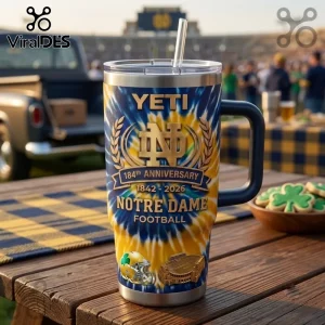 Notre Dame Fighting Irish 184th Anniversary Tumbler with navy and gold tie-dye, team logo, and stadium graphics on wood.
