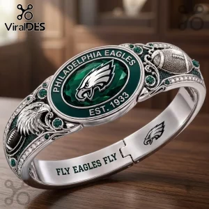 Philadelphia Eagles Silver Tone Engraved Bracelet featuring a green oval stone, team logo, and Fly Eagles Fly text engraving.