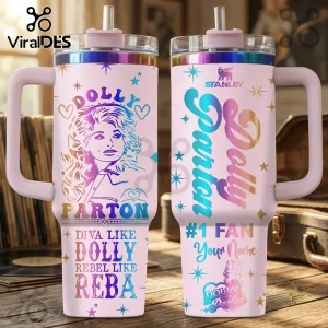 Dolly Parton Diva Rebel Personalized Stanley Tumbler in light pink with colorful text, star graphics, and portraits.