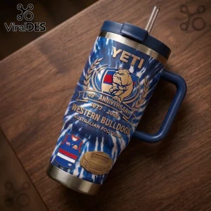 Western Bulldogs 149th Anniversary YETI Stanley tumbler with blue tie-dye pattern, bulldog mascot, and stadium graphic.