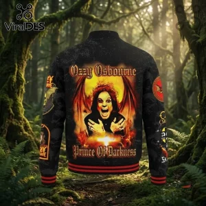 Ozzy Osbourne Prince of Darkness black bomber baseball jacket featuring a central graphic of Ozzy with bat wings in a forest.