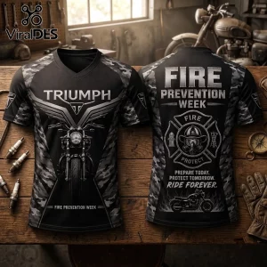 Triumph Motorcycle Camo Firefighter V-Neck Shirt with black and grey camo print and front and back graphic designs.