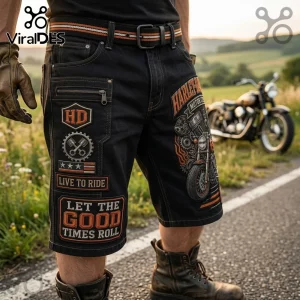 Harley-Davidson Vintage Motorcycle Black Denim Shorts with patches, graphics, and zipper detail on a rider outdoors.