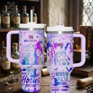 Hocus Pocus Sanderson Sisters personalized 40oz Stanley tumbler in purple and blue with witch silhouette graphics.