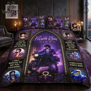 Prince Purple Rain Glow Duvet Bedding Set featuring iconic album imagery, purple motifs, and lyrics in a bedroom setting.