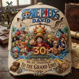 One Piece 30th Anniversary Personalized Beige Cap featuring the Straw Hat crew, Luffy, and embroidered anniversary details.