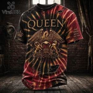 Queen The Show Must Go On tie dye t-shirt with metallic gold band crest and distressed fabric details on black red background.