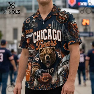 Chicago Bears 1985 Champions Hawaiian shirt featuring a grizzly bear, football helmet, city skyline, and team graphics.