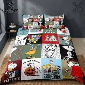 Snoopy Multi Character Pattern Bedding Set with colorful quilt panels featuring Charlie Brown characters on a grey bed.