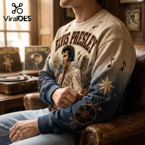 Elvis Presley The King Lives On Blue Ombre Ugly Sweater featuring a portrait of Elvis, musical notes, and vintage patterns.