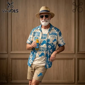 Detroit Lions Tropical Pattern Hawaiian Shirt worn by an older man with a tan hat against a wood paneled background.