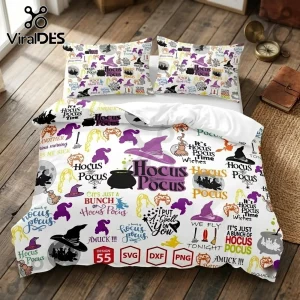 Hocus Pocus 2026 Halloween Bedding Set featuring purple witch hats, black cauldrons, and movie quotes on a white background.