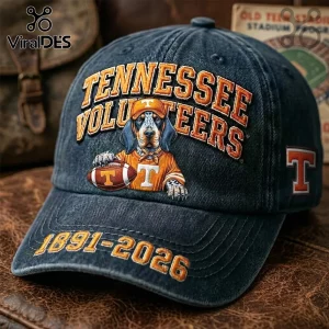 Tennessee Volunteers Mascot Navy Denim Baseball Cap with embroidered dog graphic, football, and 1891-2026 text.