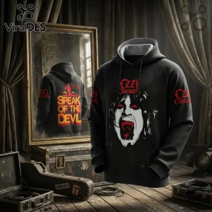 Ozzy Osbourne Speak of the Devil black hoodie featuring a portrait of Ozzy with red eyes and album text in front of a mirror.