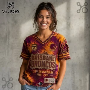 Brisbane Broncos 38th Anniversary Distressed Shirt featuring purple and orange tie-dye colors and NRL team branding.