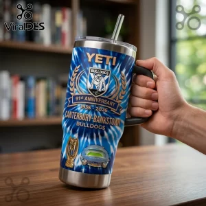 Canterbury-Bankstown Bulldogs 91st Anniversary Stanley Tumbler with blue tie-dye pattern, stadium icon, and metal straw.