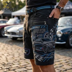 BMW M Performance Black Cargo Shorts featuring blue graphic prints, zipped pockets, and a matching striped fabric belt.