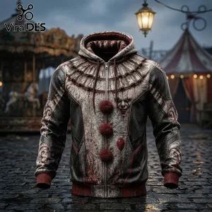 Pennywise Horror Clown Premium Zip Up Hoodie with ruffled collar, red pom-poms, and carnival background.