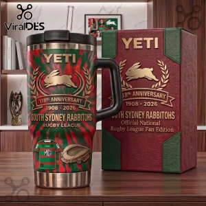South Sydney Rabbitohs 118th Anniversary Stanley Tumbler featuring red and green swirl patterns, gold rabbit logo, and box.