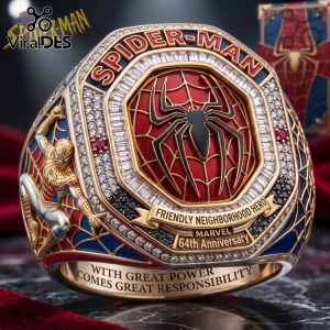 Spider-Man 64th Anniversary Commemorative Ring featuring red and blue enamel, central spider emblem, and engraved text.