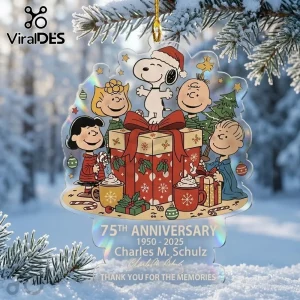 Peanuts Snoopy 75th Anniversary Christmas acrylic ornament featuring Charlie Brown, Lucy, and Linus on a holographic base.