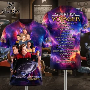 Star Trek Voyager Season 1 Episode Guide T-Shirt featuring full-cast imagery and a printed list of all season episodes.