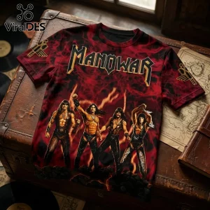 Manowar 2027 World Tour Red Flame Hoodie featuring band members, red smokey patterns, and metallic logo on a leather trunk.
