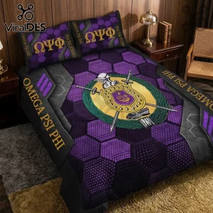 Omega Psi Phi Fraternity Purple Honeycomb 3-Piece Bedding Set featuring Greek letters and the official organization crest.