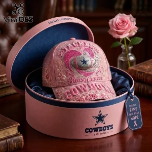 Dallas Cowboys Breast Cancer Awareness pink cap with glittery heart, football emblem, and floral embroidery in round box.