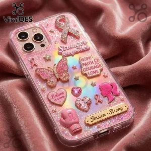Jessica Strong Breast Cancer Awareness 3D Phone Case features pink crystals, a butterfly, a boxing glove, and text accents.
