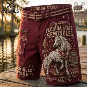 Florida State Seminoles maroon cargo shorts featuring an Osceola horse graphic, stadium print, and team text on a dock.