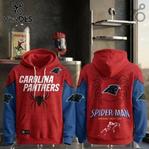 Carolina Panthers x Spider-Man Brand New Day hoodie featuring red and blue colors, web patterns, and team logos.