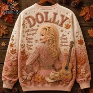 Dolly Parton Forever Autumn Ugly Sweater featuring a portrait of the singer, acoustic guitar, maple leaves, and lyrics.
