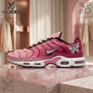 Breast Cancer Awareness Fight Like A Girl Air Max Sneakers featuring pink tones, a butterfly ribbon emblem, and text.