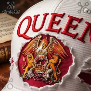 Queen Halloween Tour 2026 Blood Splatter Baseball Cap featuring red embroidered Queen lettering and the iconic band crest.