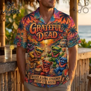 Grateful Dead Dancing Bears Hawaiian shirt featuring a sunset beach scene, colorful cartoon bears, and retro van artwork.
