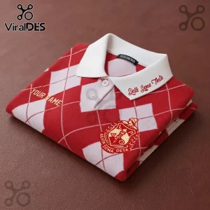 Delta Sigma Theta Argyle Custom Polo Shirt featuring red and white diamonds, a white collar, and an embroidered crest.