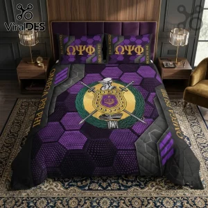 Omega Psi Phi Fraternity Purple Honeycomb 3-Piece Bedding Set featuring Greek letters, gold crest, and black hexagonal grid.