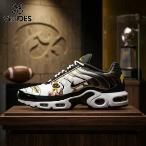 Iowa Hawkeyes NFL Champion Air Max Plus Running Sneakers featuring black, white, and gold colors with mascot graphics.
