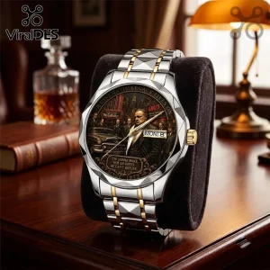 The Godfather 50th Anniversary Quartz Watch featuring a cinematic dial, silver and gold band, and day-date calendar display.