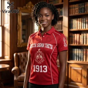 Delta Sigma Theta Red Edition Polo Shirt featuring white lettering, the sorority crest, and 1913 branding in a library.