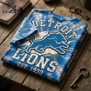 Detroit Lions NFL One Pride Special Edition Shirt featuring blue tie-dye fabric, a leaping lion logo, and vintage text.