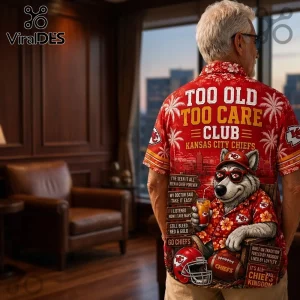 Kansas City Chiefs Mascot Red Tropical Hawaiian Shirt featuring a wolf graphic, text, palm trees, and football themes.