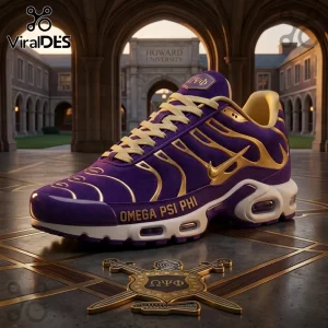 Omega Psi Phi Purple Gold Air Max Plus shoes with gold flame accents and Greek lettering set against Howard University.