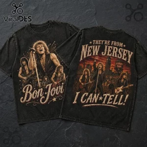 Bon Jovi New Jersey Concert Black Shirt featuring band members, vintage stage graphics, and worn fabric texture.