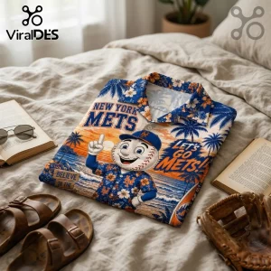 New York Mets Mascot Floral Hawaiian Shirt in blue and orange featuring Mr. Met against a sunset beach landscape background.