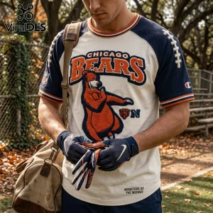 Chicago Bears Monsters of the Midway embroidered shirt with a large bear graphic, navy sleeves, and cream body.