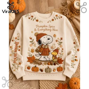 Personalized Snoopy Autumn Pumpkin Spice Sweatshirt featuring Snoopy and Woodstock in fall attire with floral accents.